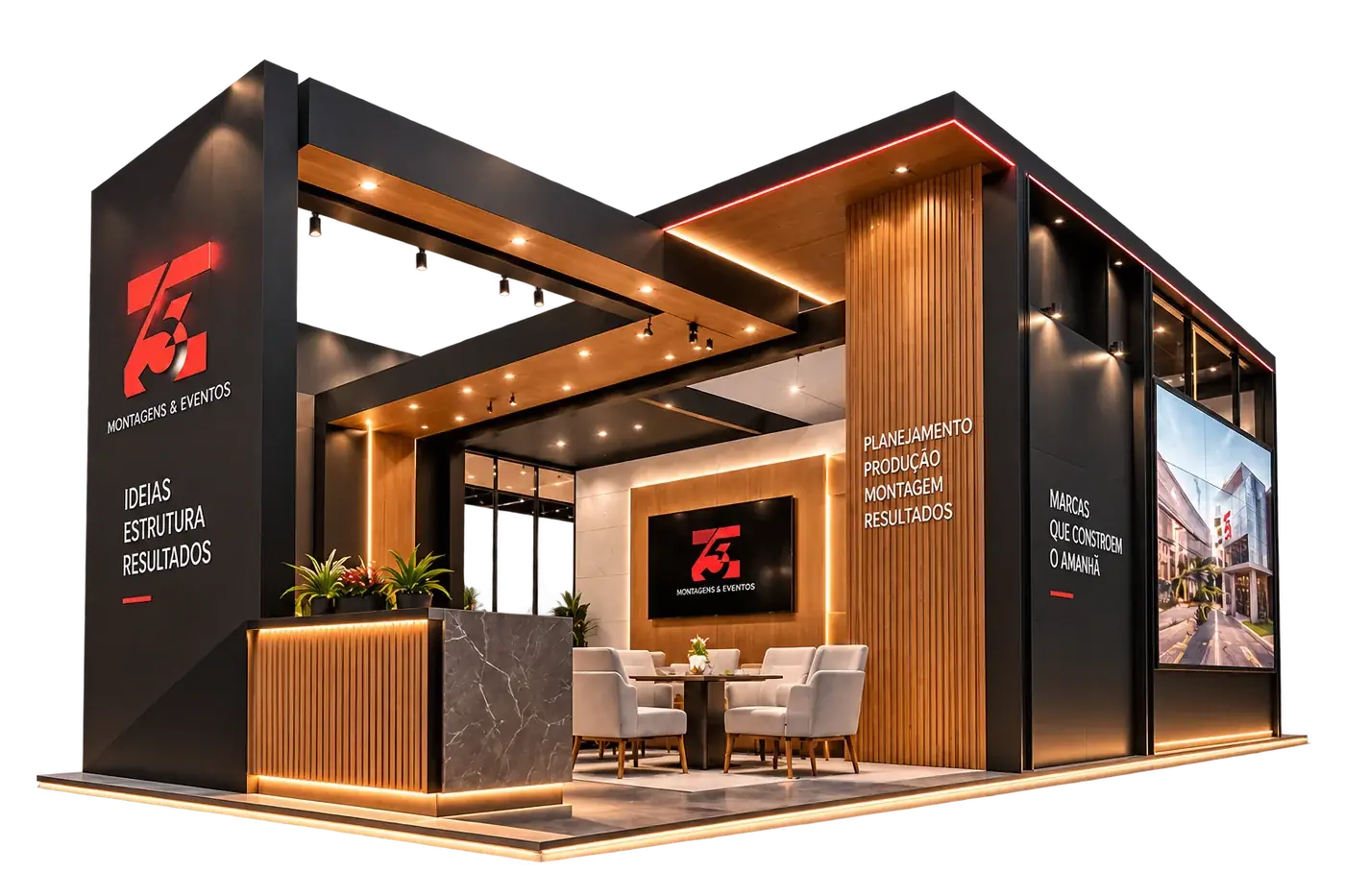 Stand construído: marcenaria escura e madeira, balcão em pedra, iluminação em LED e sala de reunião