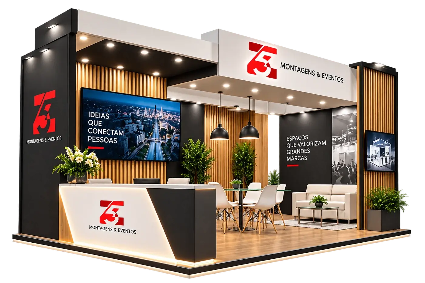 Stand decorado: ripado de madeira, balcão iluminado, TV, sofá e plotagem com a marca